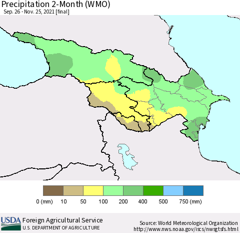 Azerbaijan, Armenia and Georgia Precipitation 2-Month (WMO) Thematic Map For 9/26/2021 - 11/25/2021