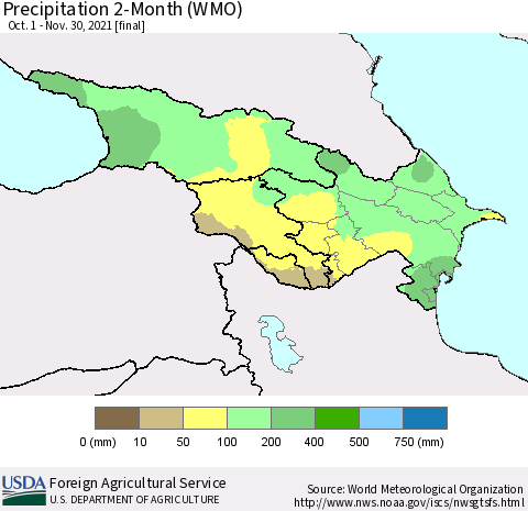 Azerbaijan, Armenia and Georgia Precipitation 2-Month (WMO) Thematic Map For 10/1/2021 - 11/30/2021