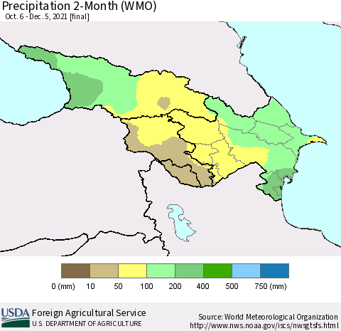 Azerbaijan, Armenia and Georgia Precipitation 2-Month (WMO) Thematic Map For 10/6/2021 - 12/5/2021
