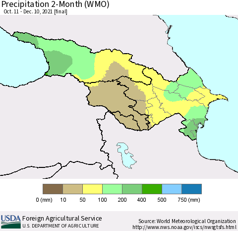 Azerbaijan, Armenia and Georgia Precipitation 2-Month (WMO) Thematic Map For 10/11/2021 - 12/10/2021