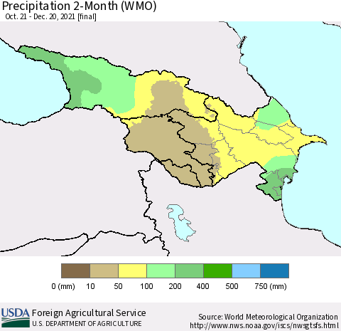 Azerbaijan, Armenia and Georgia Precipitation 2-Month (WMO) Thematic Map For 10/21/2021 - 12/20/2021