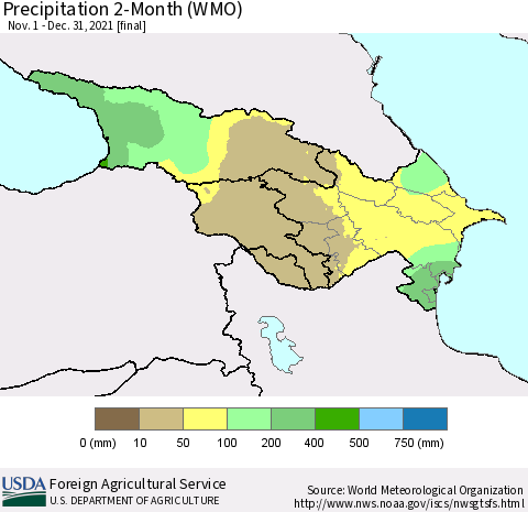 Azerbaijan, Armenia and Georgia Precipitation 2-Month (WMO) Thematic Map For 11/1/2021 - 12/31/2021