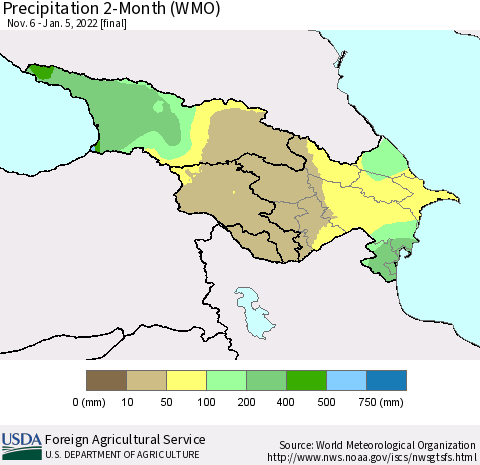 Azerbaijan, Armenia and Georgia Precipitation 2-Month (WMO) Thematic Map For 11/6/2021 - 1/5/2022