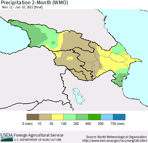 Azerbaijan, Armenia and Georgia Precipitation 2-Month (WMO) Thematic Map For 11/11/2021 - 1/10/2022