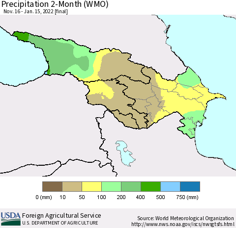 Azerbaijan, Armenia and Georgia Precipitation 2-Month (WMO) Thematic Map For 11/16/2021 - 1/15/2022