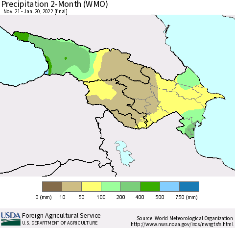 Azerbaijan, Armenia and Georgia Precipitation 2-Month (WMO) Thematic Map For 11/21/2021 - 1/20/2022