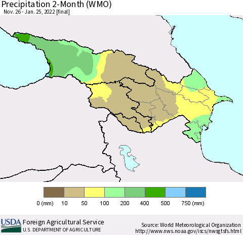 Azerbaijan, Armenia and Georgia Precipitation 2-Month (WMO) Thematic Map For 11/26/2021 - 1/25/2022