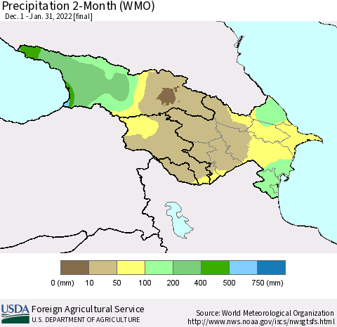 Azerbaijan, Armenia and Georgia Precipitation 2-Month (WMO) Thematic Map For 12/1/2021 - 1/31/2022
