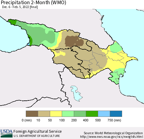 Azerbaijan, Armenia and Georgia Precipitation 2-Month (WMO) Thematic Map For 12/6/2021 - 2/5/2022