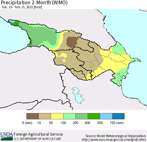 Azerbaijan, Armenia and Georgia Precipitation 2-Month (WMO) Thematic Map For 12/16/2021 - 2/15/2022
