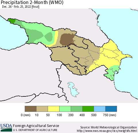 Azerbaijan, Armenia and Georgia Precipitation 2-Month (WMO) Thematic Map For 12/26/2021 - 2/25/2022
