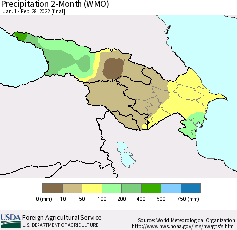 Azerbaijan, Armenia and Georgia Precipitation 2-Month (WMO) Thematic Map For 1/1/2022 - 2/28/2022