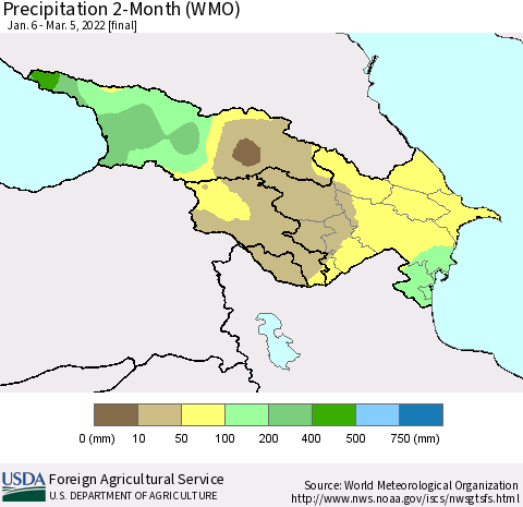 Azerbaijan, Armenia and Georgia Precipitation 2-Month (WMO) Thematic Map For 1/6/2022 - 3/5/2022