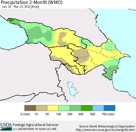 Azerbaijan, Armenia and Georgia Precipitation 2-Month (WMO) Thematic Map For 1/16/2022 - 3/15/2022