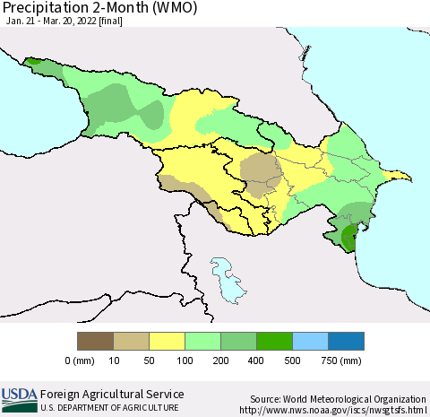 Azerbaijan, Armenia and Georgia Precipitation 2-Month (WMO) Thematic Map For 1/21/2022 - 3/20/2022