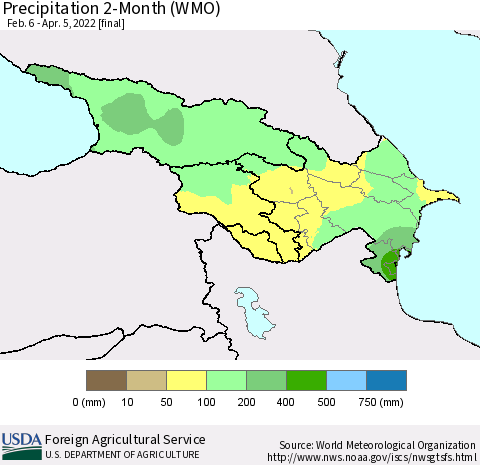 Azerbaijan, Armenia and Georgia Precipitation 2-Month (WMO) Thematic Map For 2/6/2022 - 4/5/2022