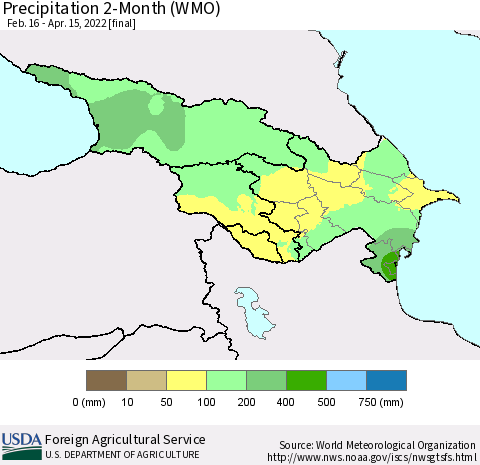 Azerbaijan, Armenia and Georgia Precipitation 2-Month (WMO) Thematic Map For 2/16/2022 - 4/15/2022
