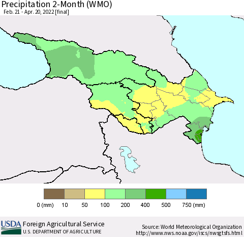 Azerbaijan, Armenia and Georgia Precipitation 2-Month (WMO) Thematic Map For 2/21/2022 - 4/20/2022