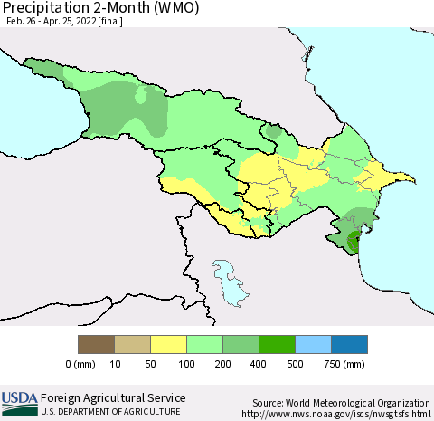 Azerbaijan, Armenia and Georgia Precipitation 2-Month (WMO) Thematic Map For 2/26/2022 - 4/25/2022
