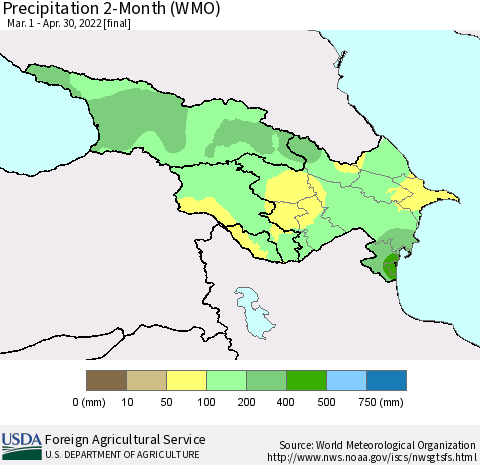 Azerbaijan, Armenia and Georgia Precipitation 2-Month (WMO) Thematic Map For 3/1/2022 - 4/30/2022