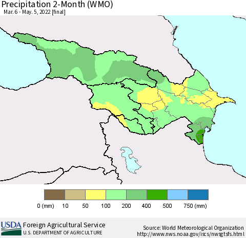 Azerbaijan, Armenia and Georgia Precipitation 2-Month (WMO) Thematic Map For 3/6/2022 - 5/5/2022