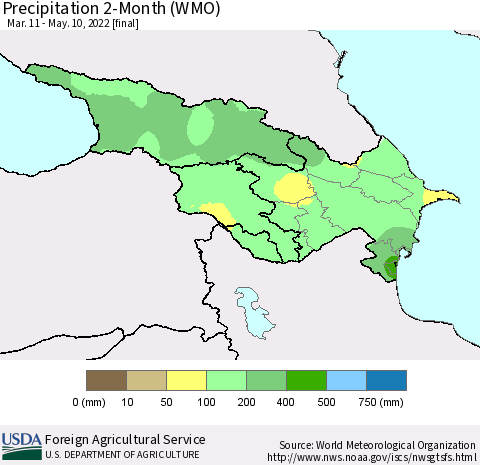 Azerbaijan, Armenia and Georgia Precipitation 2-Month (WMO) Thematic Map For 3/11/2022 - 5/10/2022