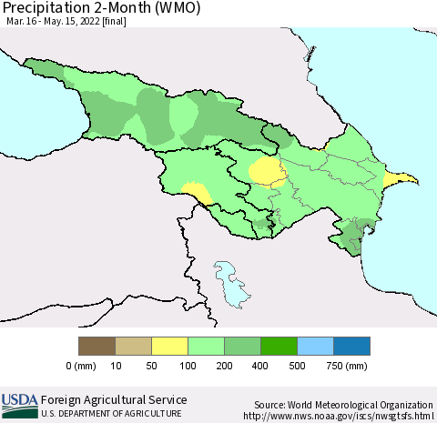 Azerbaijan, Armenia and Georgia Precipitation 2-Month (WMO) Thematic Map For 3/16/2022 - 5/15/2022