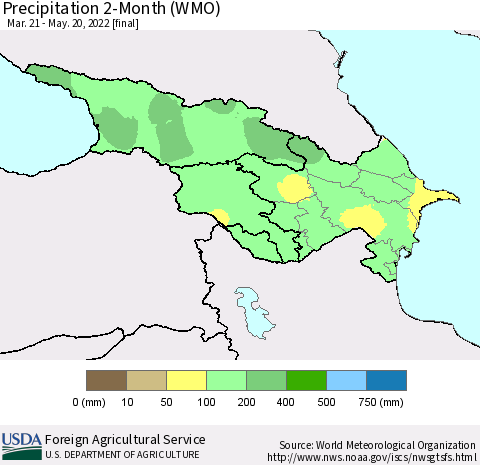 Azerbaijan, Armenia and Georgia Precipitation 2-Month (WMO) Thematic Map For 3/21/2022 - 5/20/2022