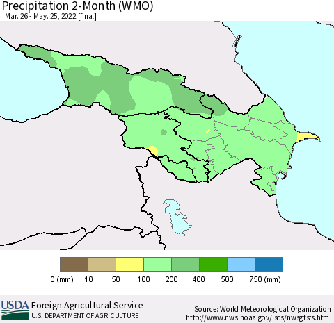 Azerbaijan, Armenia and Georgia Precipitation 2-Month (WMO) Thematic Map For 3/26/2022 - 5/25/2022