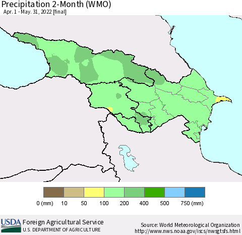 Azerbaijan, Armenia and Georgia Precipitation 2-Month (WMO) Thematic Map For 4/1/2022 - 5/31/2022