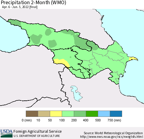 Azerbaijan, Armenia and Georgia Precipitation 2-Month (WMO) Thematic Map For 4/6/2022 - 6/5/2022