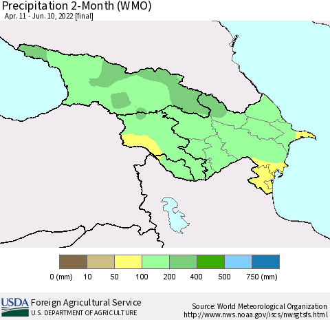 Azerbaijan, Armenia and Georgia Precipitation 2-Month (WMO) Thematic Map For 4/11/2022 - 6/10/2022