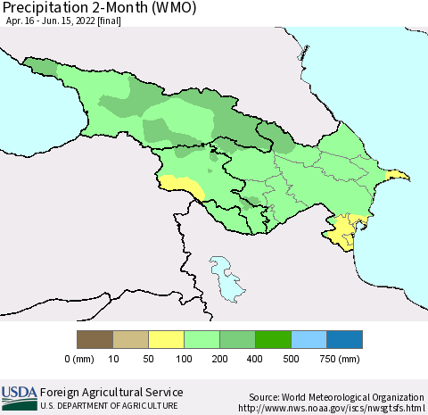 Azerbaijan, Armenia and Georgia Precipitation 2-Month (WMO) Thematic Map For 4/16/2022 - 6/15/2022