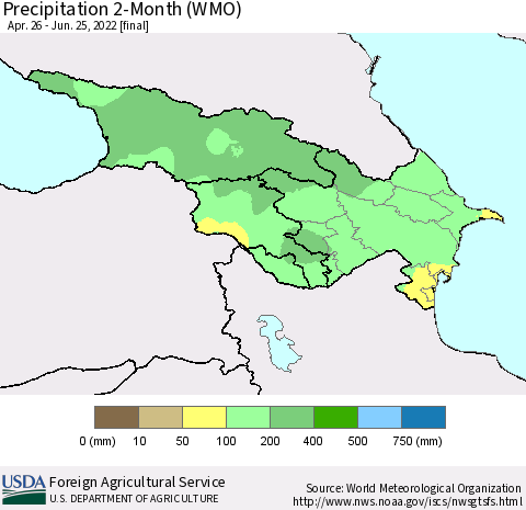 Azerbaijan, Armenia and Georgia Precipitation 2-Month (WMO) Thematic Map For 4/26/2022 - 6/25/2022
