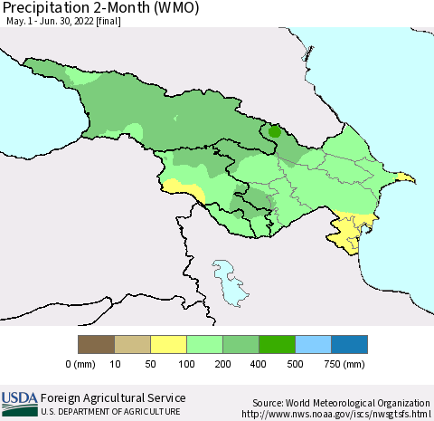 Azerbaijan, Armenia and Georgia Precipitation 2-Month (WMO) Thematic Map For 5/1/2022 - 6/30/2022