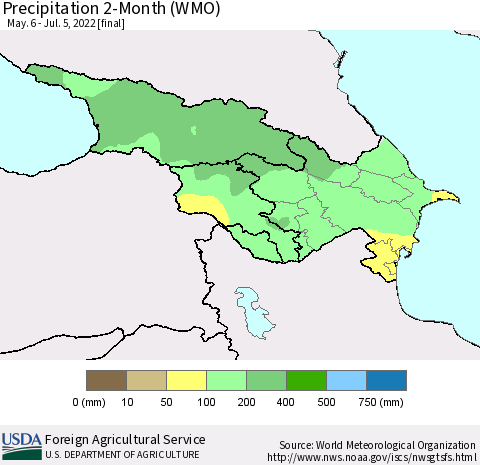 Azerbaijan, Armenia and Georgia Precipitation 2-Month (WMO) Thematic Map For 5/6/2022 - 7/5/2022