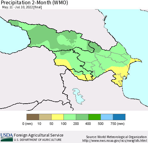 Azerbaijan, Armenia and Georgia Precipitation 2-Month (WMO) Thematic Map For 5/11/2022 - 7/10/2022