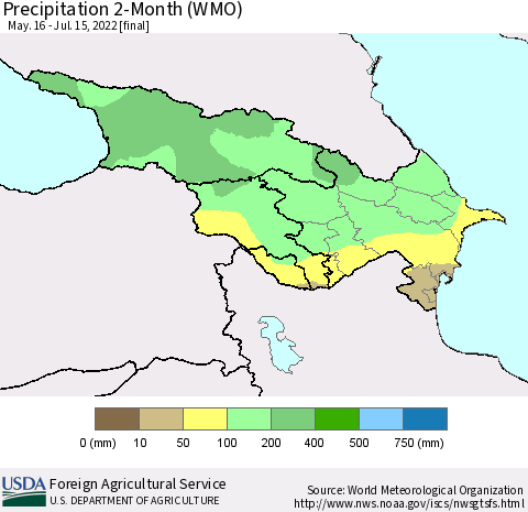 Azerbaijan, Armenia and Georgia Precipitation 2-Month (WMO) Thematic Map For 5/16/2022 - 7/15/2022
