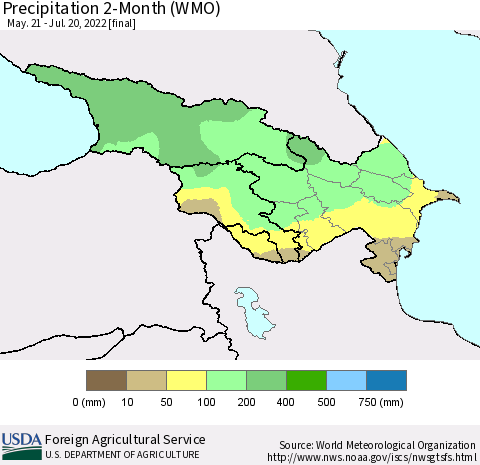 Azerbaijan, Armenia and Georgia Precipitation 2-Month (WMO) Thematic Map For 5/21/2022 - 7/20/2022