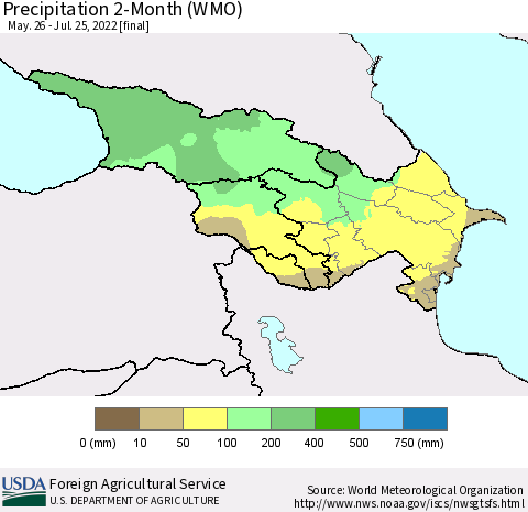 Azerbaijan, Armenia and Georgia Precipitation 2-Month (WMO) Thematic Map For 5/26/2022 - 7/25/2022