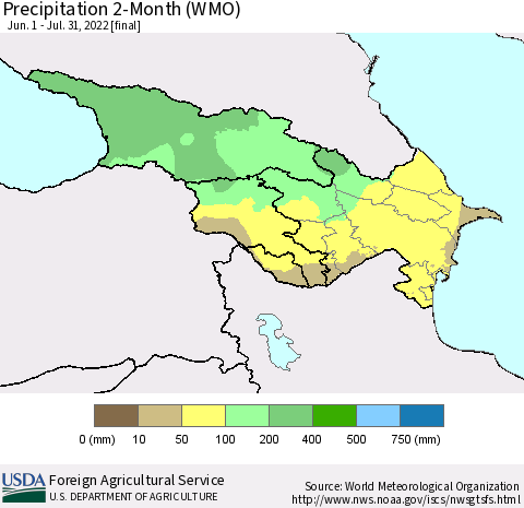 Azerbaijan, Armenia and Georgia Precipitation 2-Month (WMO) Thematic Map For 6/1/2022 - 7/31/2022