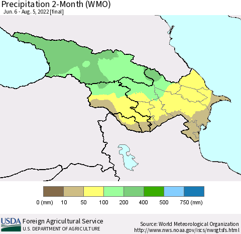 Azerbaijan, Armenia and Georgia Precipitation 2-Month (WMO) Thematic Map For 6/6/2022 - 8/5/2022