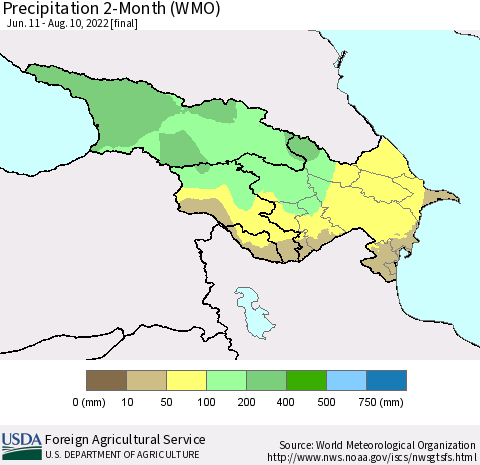 Azerbaijan, Armenia and Georgia Precipitation 2-Month (WMO) Thematic Map For 6/11/2022 - 8/10/2022