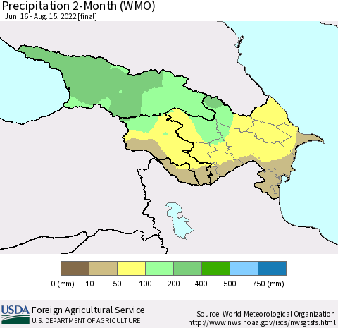 Azerbaijan, Armenia and Georgia Precipitation 2-Month (WMO) Thematic Map For 6/16/2022 - 8/15/2022