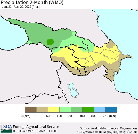 Azerbaijan, Armenia and Georgia Precipitation 2-Month (WMO) Thematic Map For 6/21/2022 - 8/20/2022