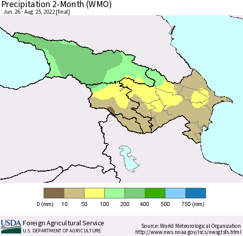 Azerbaijan, Armenia and Georgia Precipitation 2-Month (WMO) Thematic Map For 6/26/2022 - 8/25/2022