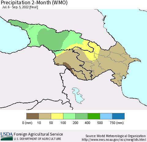 Azerbaijan, Armenia and Georgia Precipitation 2-Month (WMO) Thematic Map For 7/6/2022 - 9/5/2022