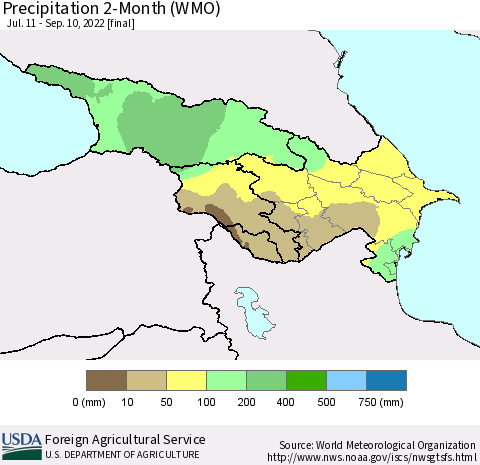Azerbaijan, Armenia and Georgia Precipitation 2-Month (WMO) Thematic Map For 7/11/2022 - 9/10/2022