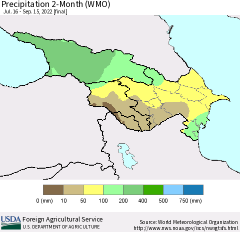 Azerbaijan, Armenia and Georgia Precipitation 2-Month (WMO) Thematic Map For 7/16/2022 - 9/15/2022