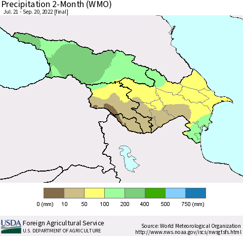 Azerbaijan, Armenia and Georgia Precipitation 2-Month (WMO) Thematic Map For 7/21/2022 - 9/20/2022
